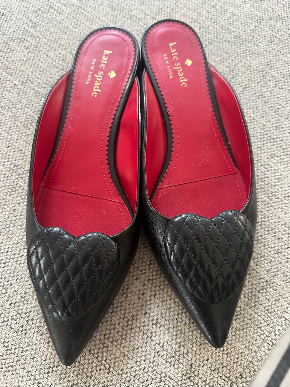 kate spade Black Quilted Heart Pointed-Toe Leather Mules with Red Insole